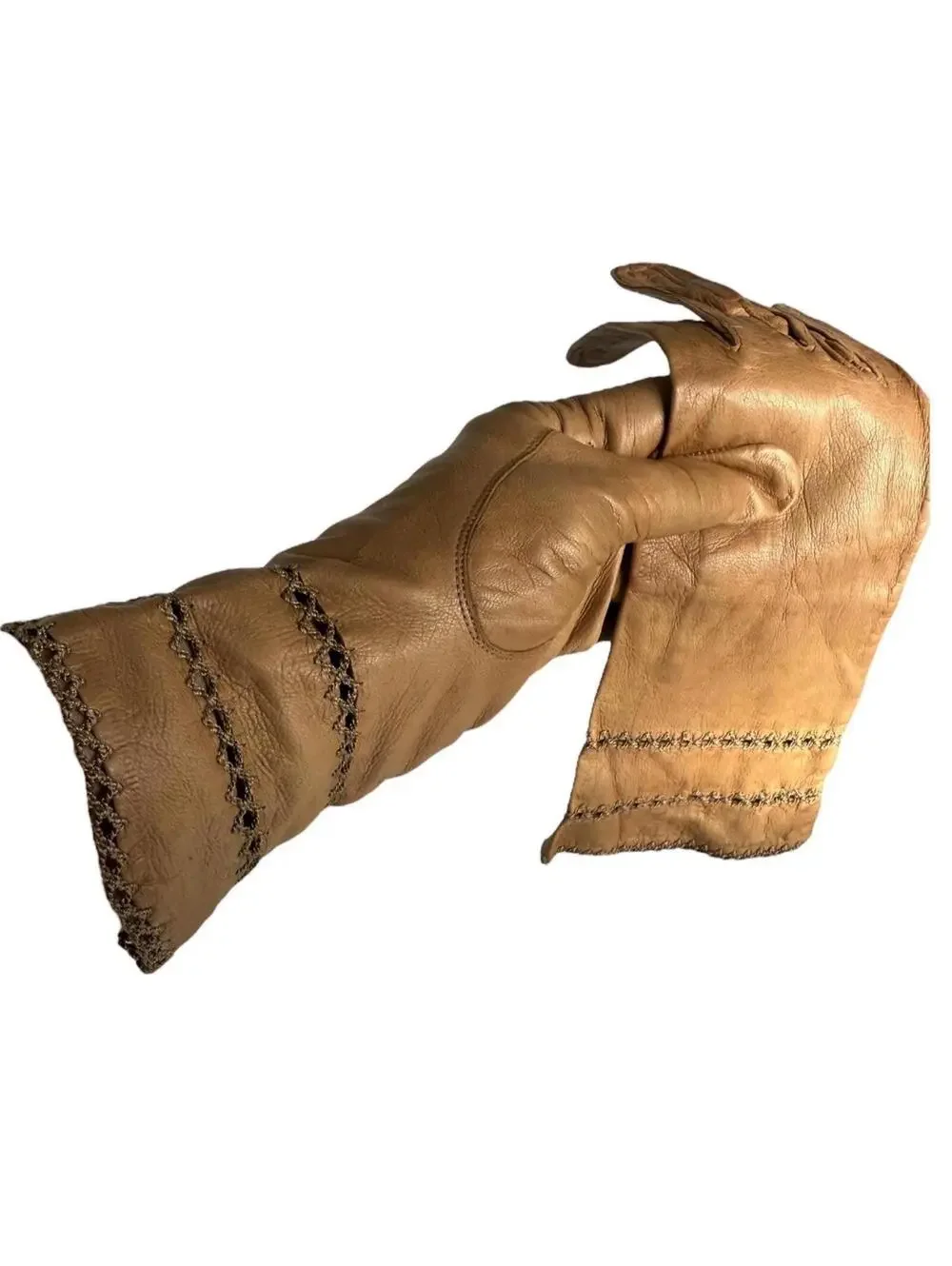 Vintage Soft Light Brown Leather Gloves with Embroidery, Gauntlet Length